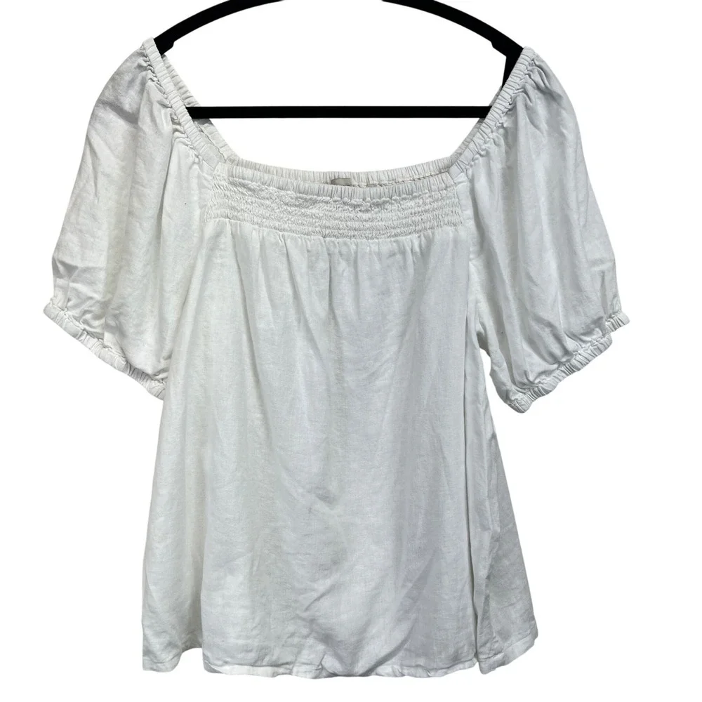 LOFT Outlet White Smocked Square Neck Puff‎ Sleeve Linen Blend Top Size L READ
